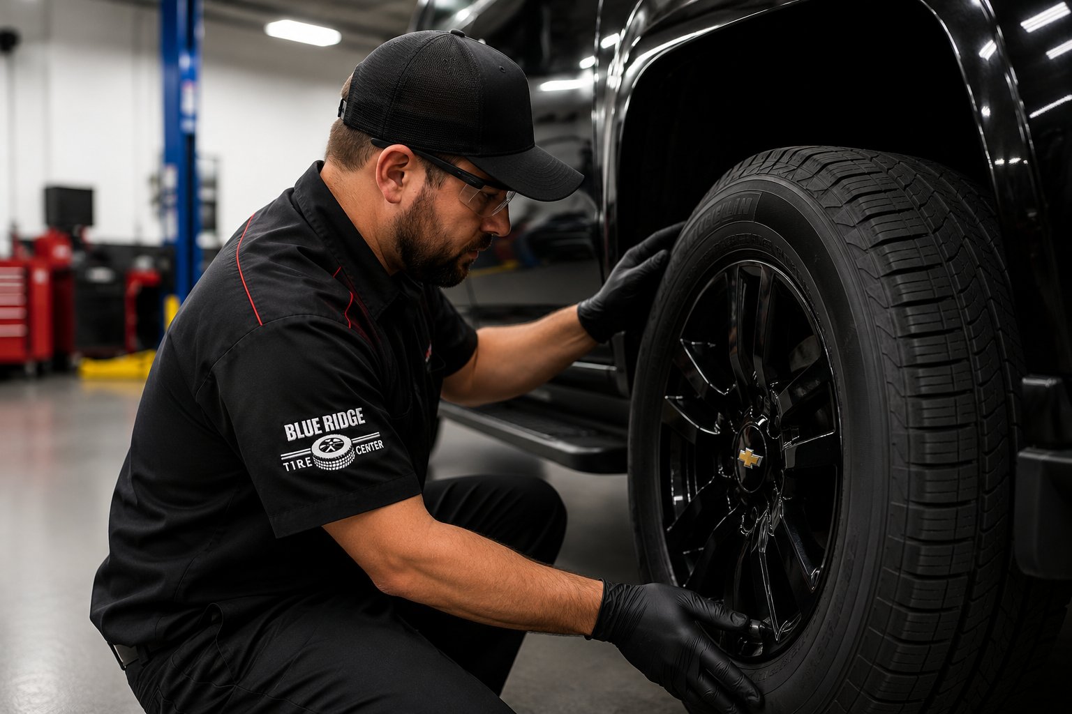 Technician inspecting tire on black Chevrolet at Blue Ridge Tire Center